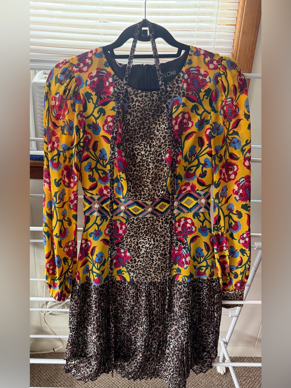 SALONI Yellow Floral & Leopard Mixed-Pattern Long Sleeve Dress